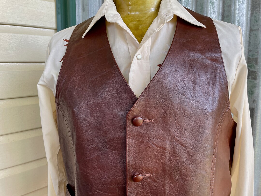 1970s Vintage Leather Vest Brown Pockets Albuquerque USA Sz XL OOAK Etsy