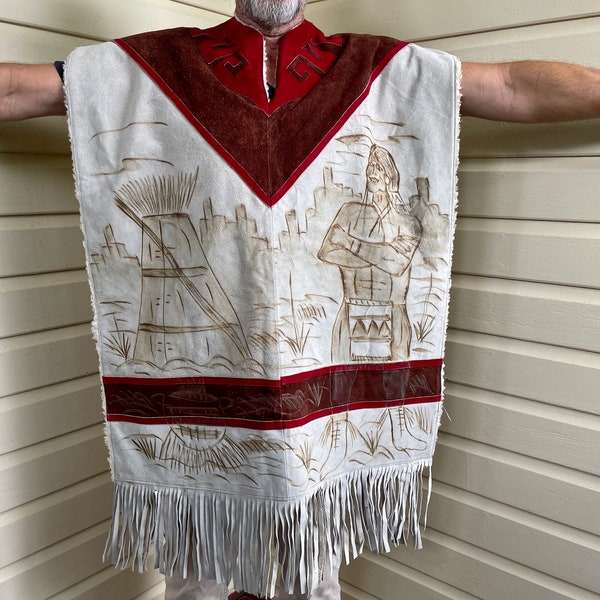 Vintage 1980er handgemachte schwere Wildleder Wolle Poncho Braun Beige Rot Native American Indian Western Sherpa Futter Einheitsgröße - OOAK