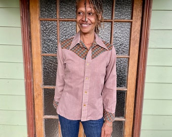 1970's Women's Vintage Western Cowgirl L/S Shirt Brown Blue Orange Sz S - OOAK