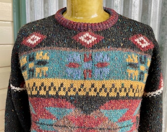 1980's Vintage Wool Blend Pullover Jumper Colourful Geometric Made in Hong Kong Sz XL - OOAK