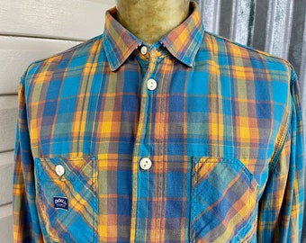 1990's Diesel Turquoise Blue Yellow Check Cotton L/S Button Down Shirt Sz XXL - OOAK