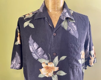 Vintage Tommy Bahama Silk Hawaiian Shirt – Navy Blue Floral Print, 1990s