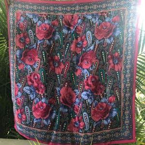 Foulard en soie vintage « Carole Little » motif cachemire floral rose bleu - Carré - OOAK