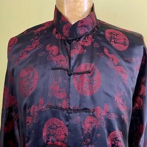 1990&#39;s Vintage Silk Chinese Black Red Jacket Dragons Sz XL - OOAK