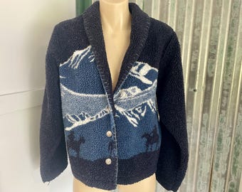 1990's Vintage Women's Wrangler Fleece Jacket Navy Blue Cowboy Sz S - OOAK