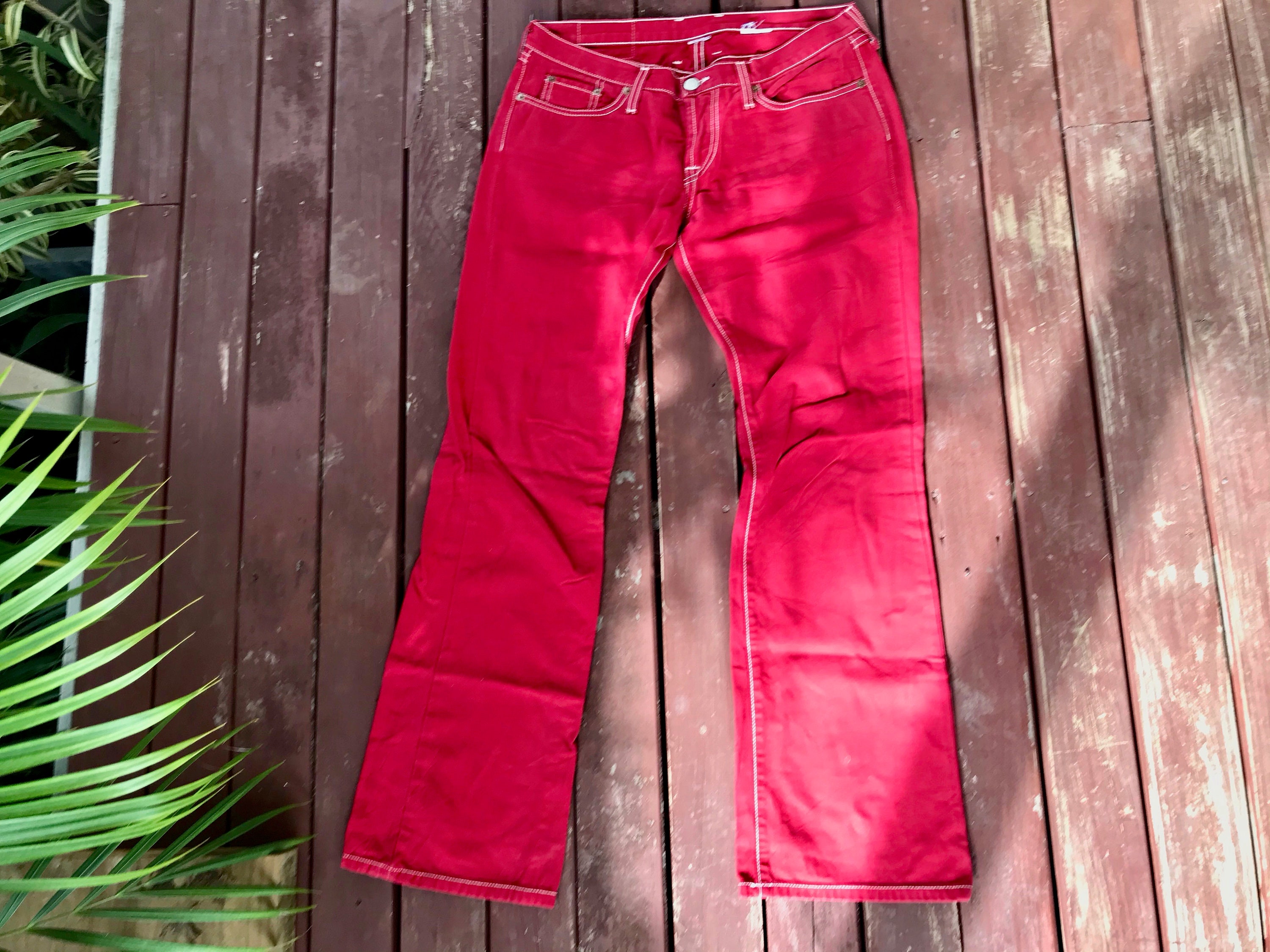 red bootcut pants