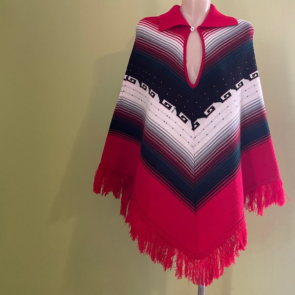 vintage 1970's Women's Red Black White Knit Cape Poncho One Size - OOAK