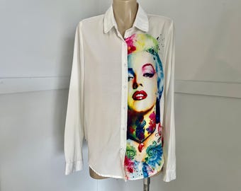 1990's Women's Vintage Marilyn Monroe L/S Shirt White Sz M - OOAK