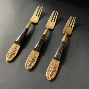 Mid Century Vintage Set of 3 Forks Siam Thai Buddha Brass Rosewood Cutlery  - OOAK