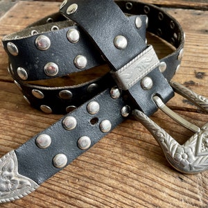1990's Vintage Studded Black Leather Belt Silver Studs