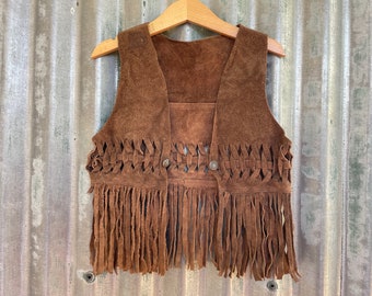 Gilet pour enfant vintage des années 1970 Cowboy Western tissé marron daim frangé doux Sz XS - OOAK