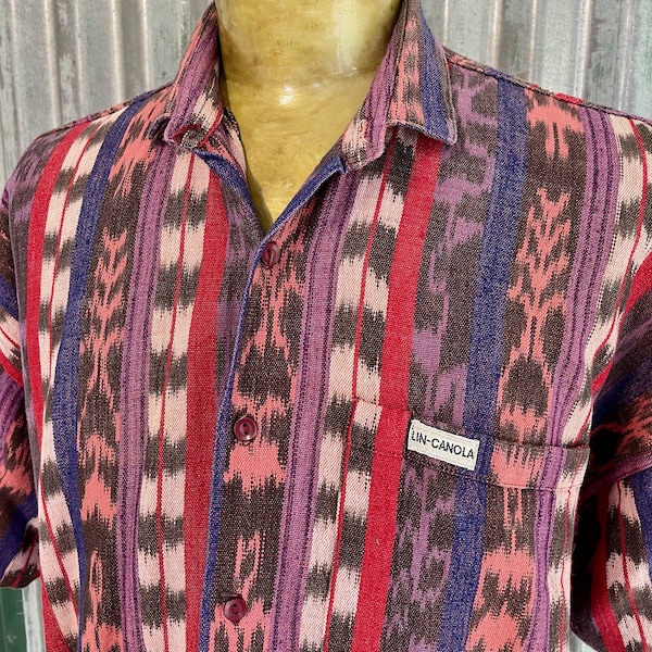 1980's Vintage Purple Red Guatemalan Woven Striped S/S Shirt Sz S - OOAK