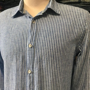 Zara Man Linen L/S Shirt Blue White Stripe Sz M - OOAK