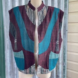 1980er Jahre Damen Vintage Wendeweste Top Lila Türkis Grün Gewebte Patches Taschen Gr. L - OOAK