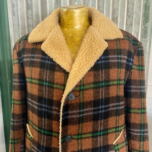 1970&#39;s Vintage Men&#39;s Sherpa Wool Check Lumberjack Jacket Brown Blue Made in USA Sz XL  - OOAK