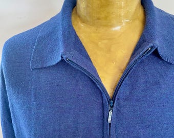 Jersey de punto de lana merino Pendleton vintage de los años 90, azul, con cremallera, talla XXL - Pieza única