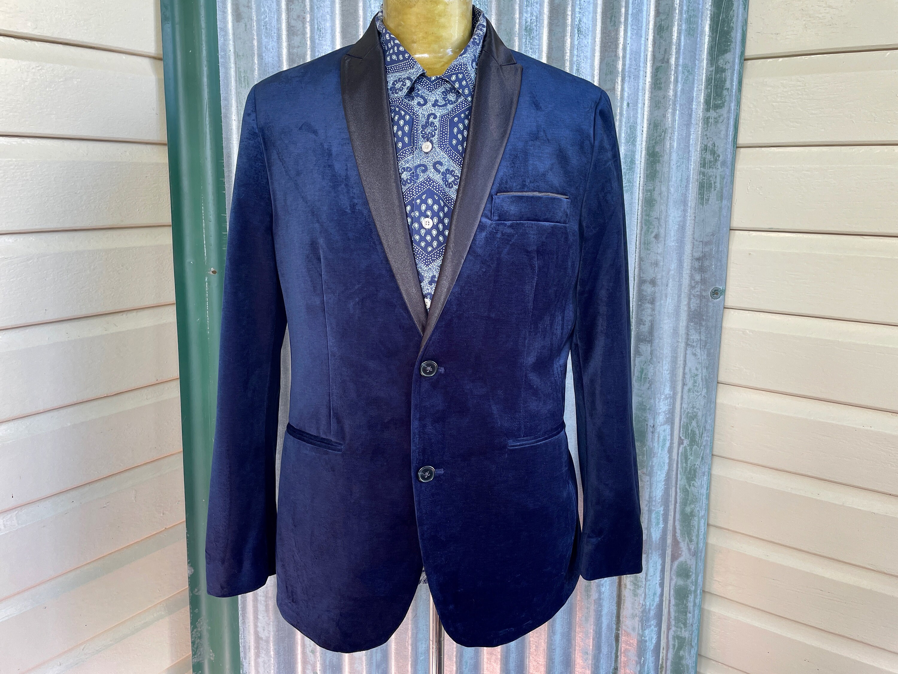 Lata 90. Vintage aksamitna marynarka Royal Blue Black Lapel