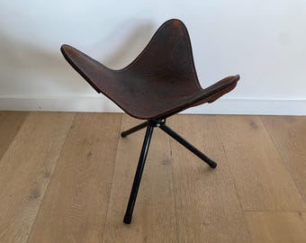 1970's Vintage Hand Tooled Leather Stool Portable Folding Tripod Base - OOAK