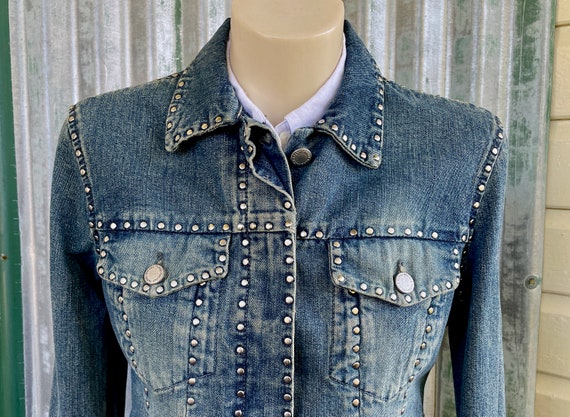 Vintage 1990s Women's Nicole Farhi Studded Blue Denim Jacket Sz XL