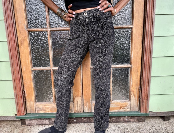 Women's Velvet Trouser Pants Black Beige Abstract… - image 1