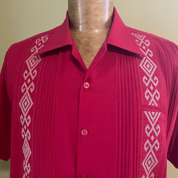 1970s Vintage Red Linen Embroidered Guayabera S/S Shirt Pockets Sz XXL - OOAK