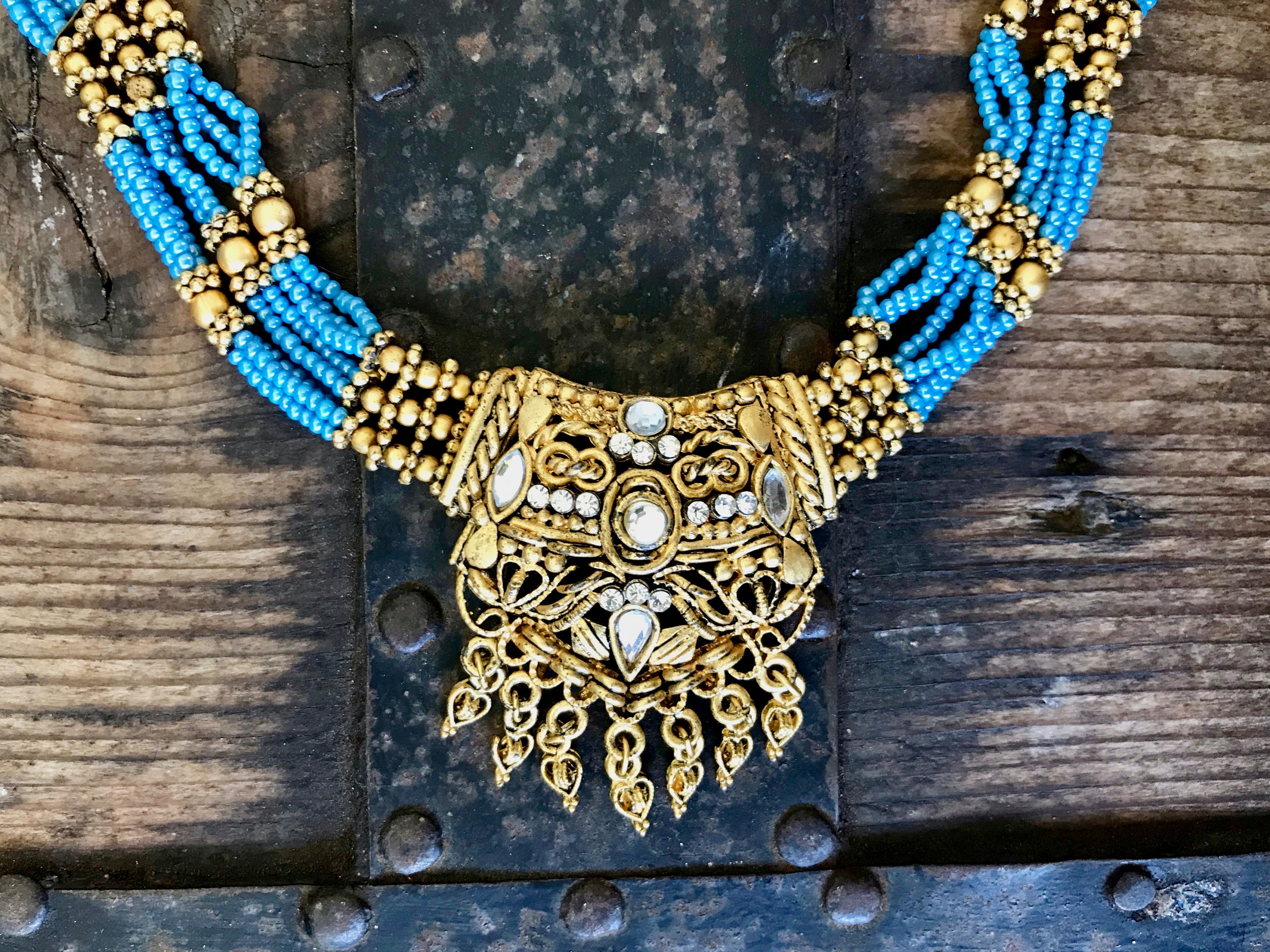 Sale 1990's Vintage Gold and Blue Beaded Necklace Classic Indian Boxed