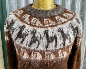 1980's Vintage Wool Alpaca Pullover Jumper Brown Cream Sz L - OOAK