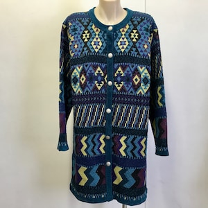 Verkauf!  Damen Lang Strickjacke Pullover Blau Grün Geometrisches Design 1990er Jahre Sz S - OOAK