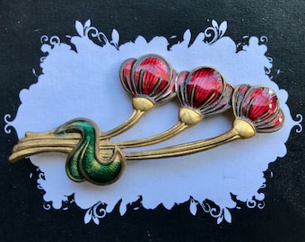 1920&#39;s Enamel Floral Pin Brooch Gold Red Green Vintage Antique Boxed - OOAK