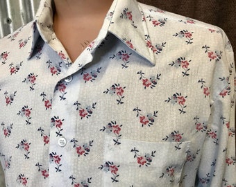 Sale!  Vintage 1970&#39;s Cotton Floral L/S Shirt Sz L - OOAK