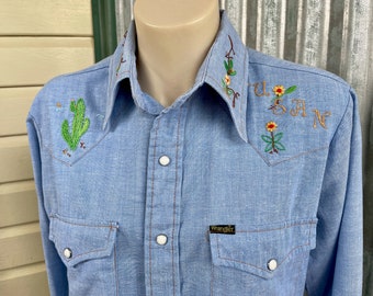1970's Women's Embroidered Vintage Handmade Rare Wrangler Polycotton L/S Shirt 'Susan' Snaps Sz S - OOAK