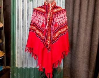 SALE! Vintage Red Handwoven Poncho with Neck Scarf - One Size - OOAK