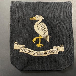 May include: A black embroidered patch with a white bird, yellow beak and legs. The bird stands on a yellow stand above a beige banner with the text "AGEUNT STUDIA IN MORES".