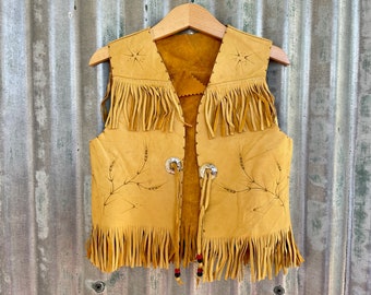 1970's vintage Kid's Vest Cowboy Western Tan Leather Fringed Soft Leaf Motif Sz XS - OOAK