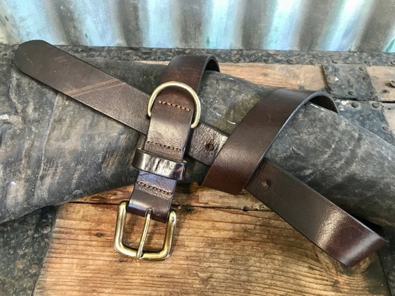 1990's Vintage Dark Brown Leather Belt Brass Buckle Sz S OOAK 