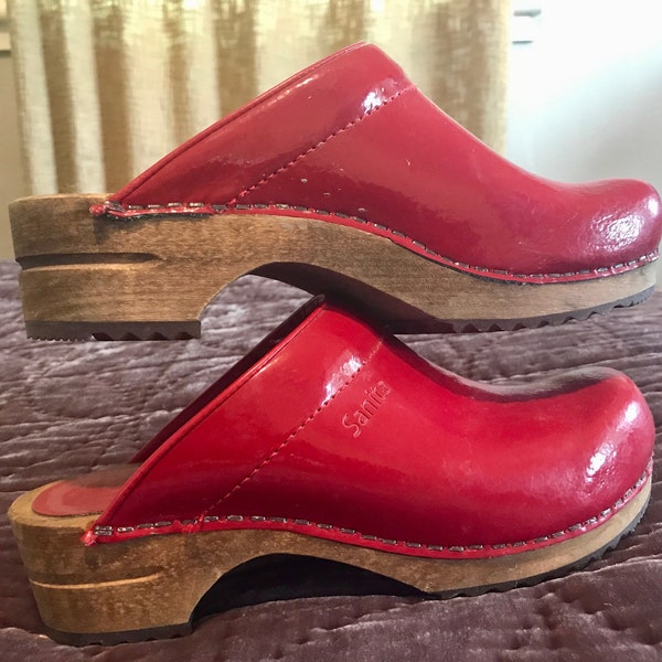 sanita red patent clogs