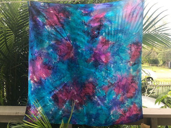 Handmade Vintage Silk Scarf Tie Dye Purple Blue G… - image 1