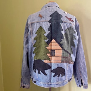 1990&#39;s Vintage Upcycled Christmas Denim Jacket Blue Bears Trees Sz XL - OOAK