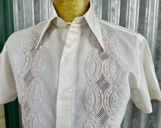 70s Cream Black & Green Geometric Print Shirt XS S