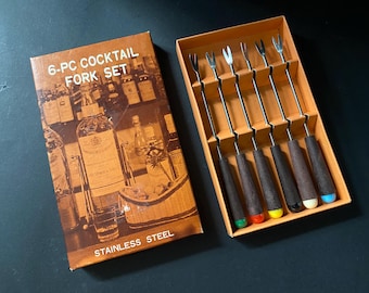 1970er Vintage Set mit 6 Cocktailgabeln Hors D'ouervre Vorspeisenbesteck aus Edelstahl in einer Box - OOAK