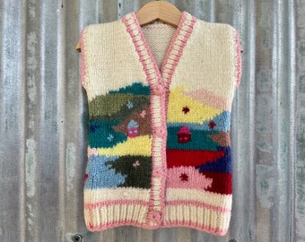 1980's Vintage Kid's Handmade Wool Vest Jumper Cream Buttons Sz Kids S - OOAK