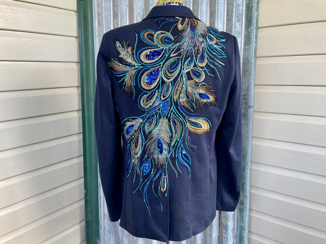 Handmade Peacock Sequined Blazer Immortal Kraft Upcycled Navy Green