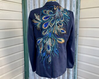 Handmade Peacock Sequined Blazer Immortal Kraft Upcycled Navy Green Gold Sz L - OOAK