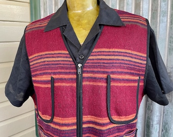 1990er Western Vintage Wollmischung Weste Reißverschluss Rot Orange Schwarz Streifen Sz XL-OOAK