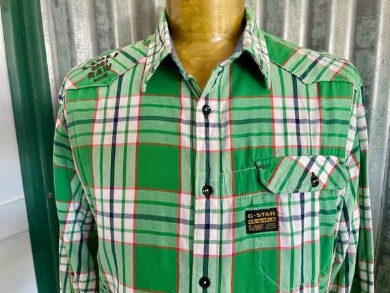 1990's G-Star Green Check Plaid L/S Shirt White Red Sz 2XL - OOAK 1990's G-Star Green Check Plaid L/S Shirt White Red Sz 2XL - OOAK