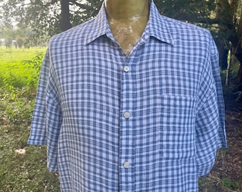 1990er Vintage Tommy Bahama Leinen S / S Shirt Blau Weiß Karo Sz M - OOAK
