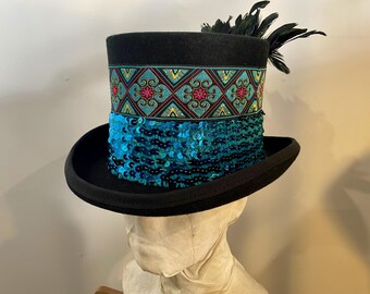 Immortal Kraft Wool Felt Top Hat – Turquoise Sequin 