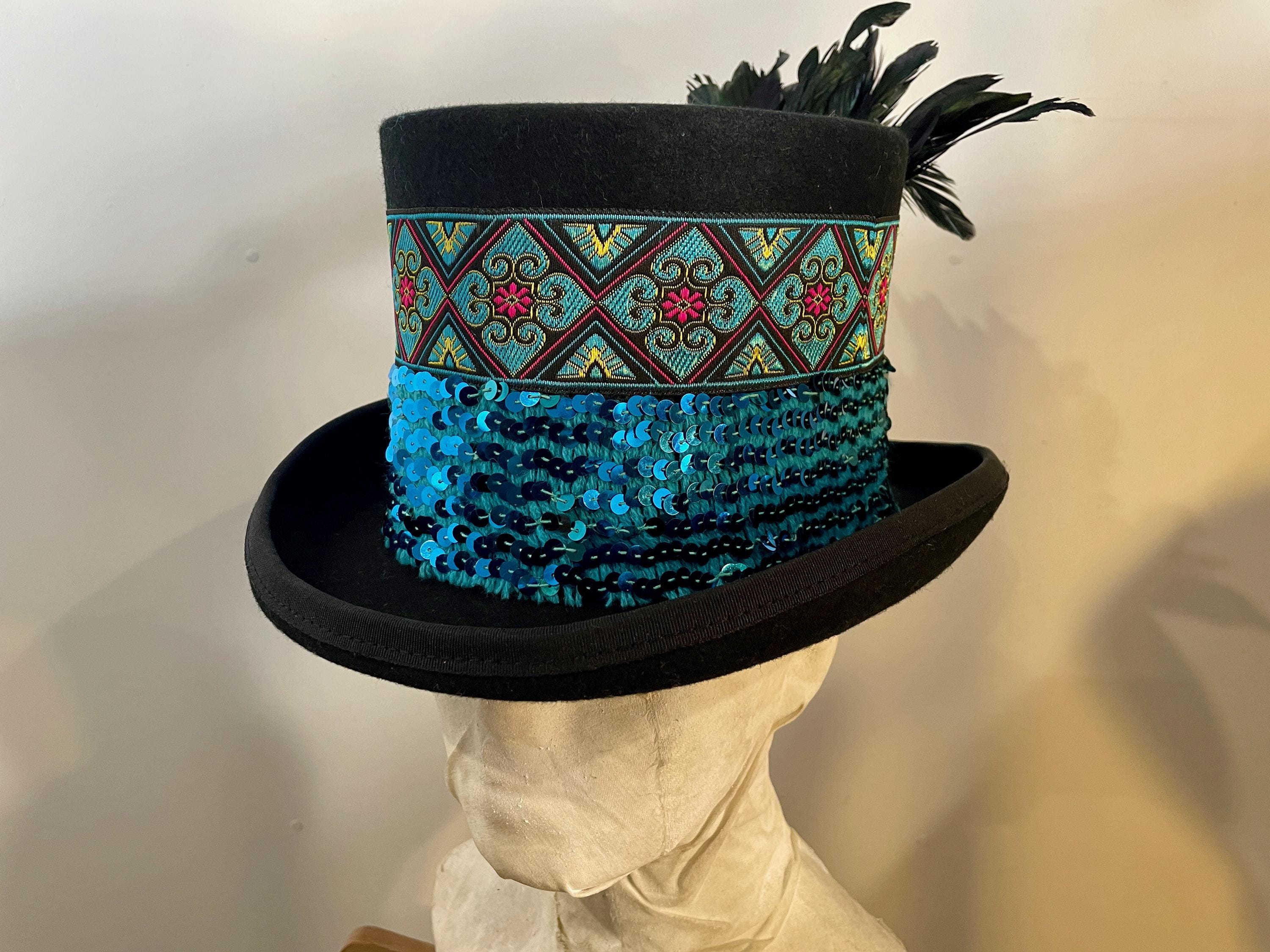 GLITZY 1970s\' ROYAL BLUE/WHITE WIDE BRIM HAT + SEQUINS & GOLD EDGING Authentic Pigalle Mariachi Hat Aqua Blue Velvet with Gold  main image 2