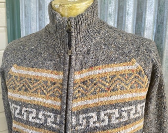1990's Vintage Knit Nepalese Cardigan Zip Stripe Soft Dead Stock Sz L - OOAK