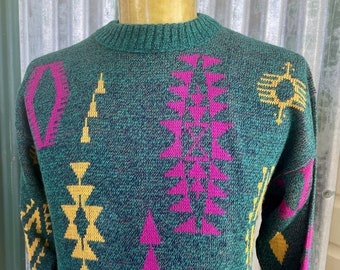 1980's Vintage Knit Jumper Green Yellow Pink Dead Stock Zig Zag Pullover Made in the USA Sz S